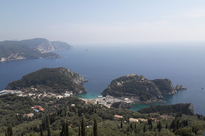 Corfu Panoramic Island Tour by coach, full day tour - Kanoni, Pontikonisi, and Mouse Island views from the viewpoint stop
